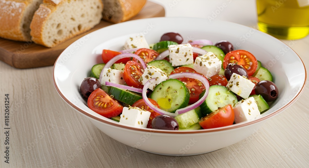 A vibrant Mediterranean salad in a white ceramic bowl, featuring fresh cucumbers, cherry tomatoes, Kalamata olives, red onions, and crumbled feta cheese. Drizzled with olive oil A vibrant Mediterranean salad in a white ceramic bowl, featuring fresh cucumbers, cherry tomatoes, Kalamata olives, red onions, and crumbled feta cheese. Drizzled with olive oil