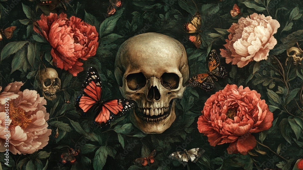 Skull Surrounded by Colorful Butterflies and Vibrant Flowers Skull Surrounded by Colorful Butterflies and Vibrant Flowers