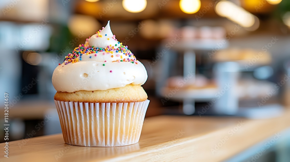 Vanilla Cupcake with Sprinkles on Wooden Counter Vanilla Cupcake with Sprinkles on Wooden Counter