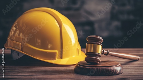 Construction Helmet and Gavel on Wooden Table Background