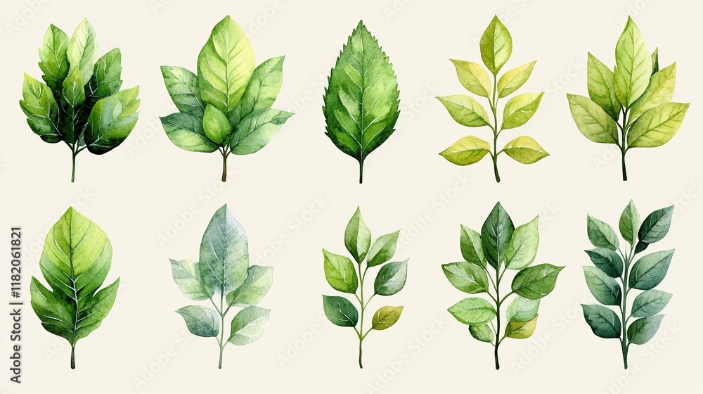 A collection of various green leaves illustrated in different shapes and shades. A collection of various green leaves illustrated in different shapes and shades.