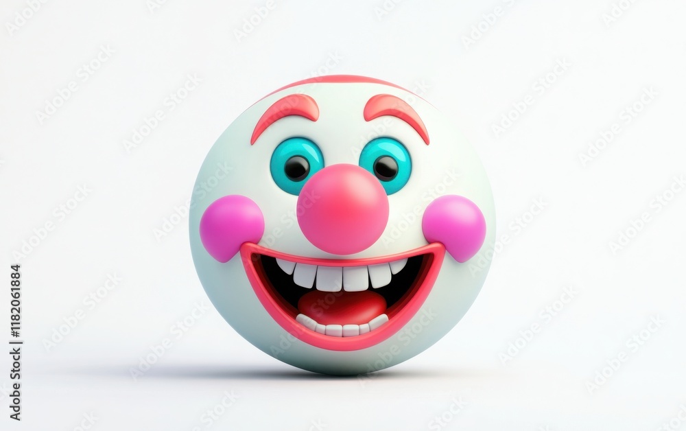 3D emoji clown face with a pink nose, teal eyes, and a silly smile, simple design, flat shading, white isolated background 3D emoji clown face with a pink nose, teal eyes, and a silly smile, simple design, flat shading, white isolated background