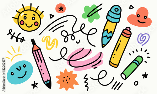 Playful Colorful Doodle Elements Featuring Happy Props and Starry Designs