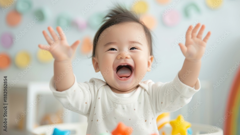 A joyful baby with raised hands and a big smile, surrounded by colorful toys, exuding happiness in a playful environment. A joyful baby with raised hands and a big smile, surrounded by colorful toys, exuding happiness in a playful environment.