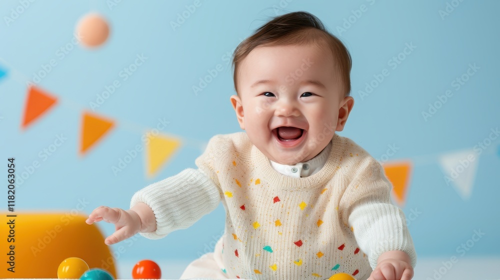 A cheerful baby with a big smile, playing with colorful balls against a bright, festive backdrop. A cheerful baby with a big smile, playing with colorful balls against a bright, festive backdrop.