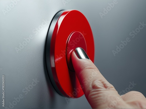 Large red button pressed by a finger, symbolizing activation and urgency in modern technology photo