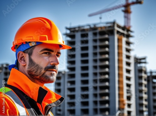 Construction worker oversees building site with cranes in background during sunny day photo