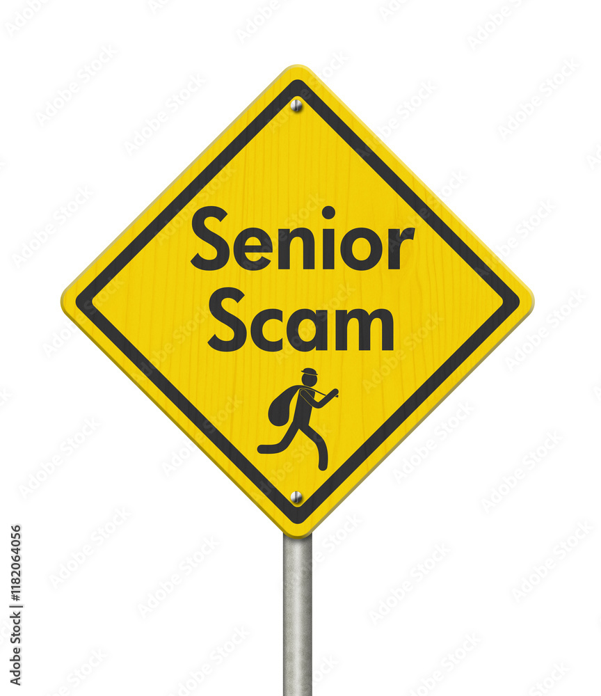 Senior Scam warning sign isolated on white Senior Scam warning sign isolated on white