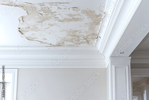 Peeling paint and water marks on a white ceiling highlighting water damage that is requiring urgent repair. photo