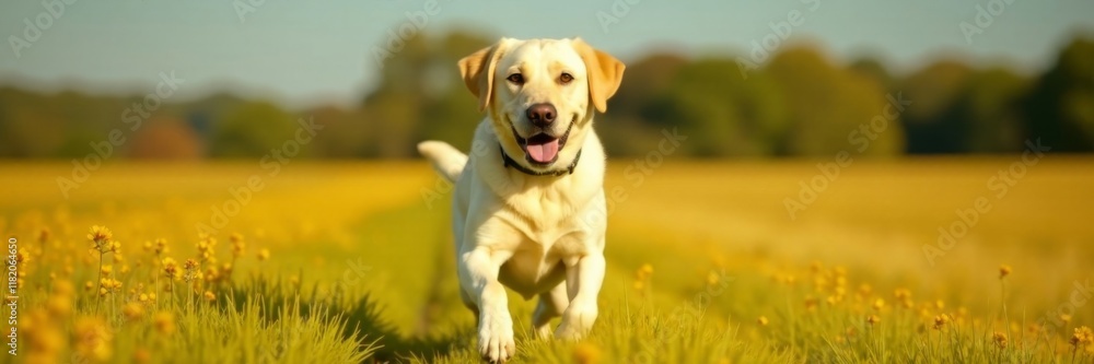 Yellow labrador retriever running in open field, adventure, nature, outdoors Yellow labrador retriever running in open field, adventure, nature, outdoors