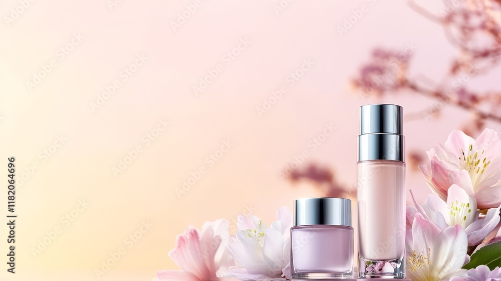 A serene display of skincare products surrounded by flowers against a soft pastel backdrop. A serene display of skincare products surrounded by flowers against a soft pastel backdrop.