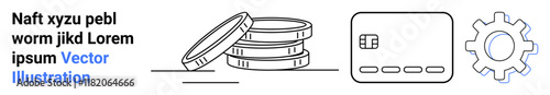 Coins stacked beside a credit card with a gear symbol in light blue. Ideal for fintech, digital payments, automation concepts, financial services, e-commerce, technology solutions, and online