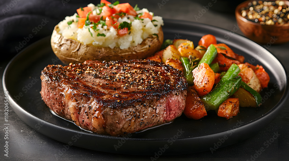 Dramatic Shot of Porterhouse Steak with Sides on Matte Plate Dramatic Shot of Porterhouse Steak with Sides on Matte Plate