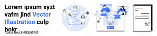 People shopping online via a tablet with a Buy button, network nodes connected in a web, a checklist document. Ideal for digital marketing, e-commerce, networking, online transactions, business