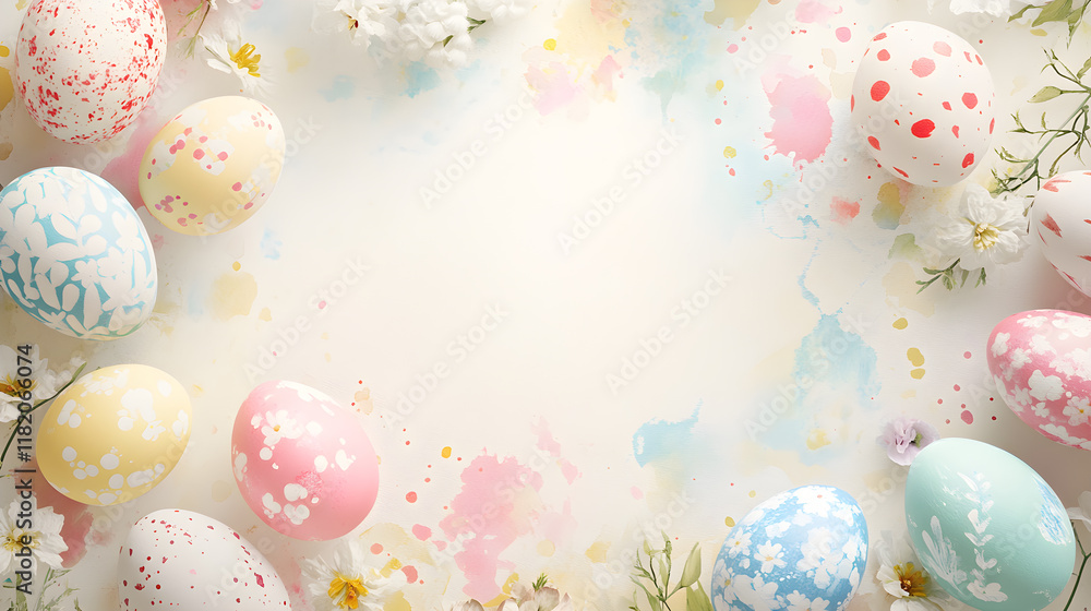 Creatively designed pastel colored eggs arranged side by side with a few flowers on a soft watercolor background with space for your text. Creatively designed pastel colored eggs arranged side by side with a few flowers on a soft watercolor background with space for your text.