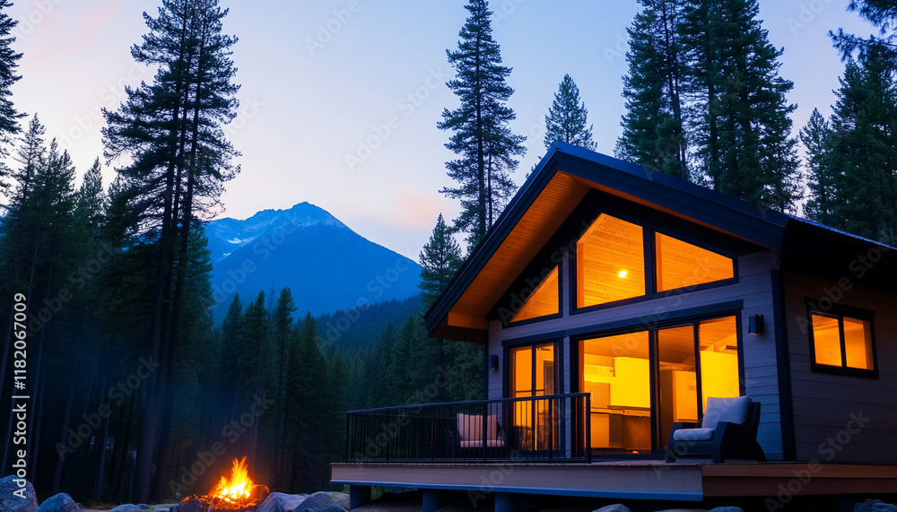 Fototapeta premium Cozy cabin in the woods, surrounded by towering trees and a serene mountain backdrop.