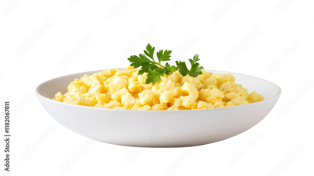 Freshly Cooked Scrambled Eggs Garnished with Green Herbs in a Modern White Bowl on a Clean Surface Ideal for Breakfast and Culinary Presentation Freshly Cooked Scrambled Eggs Garnished with Green Herbs in a Modern White Bowl on a Clean Surface Ideal for Breakfast and Culinary Presentation