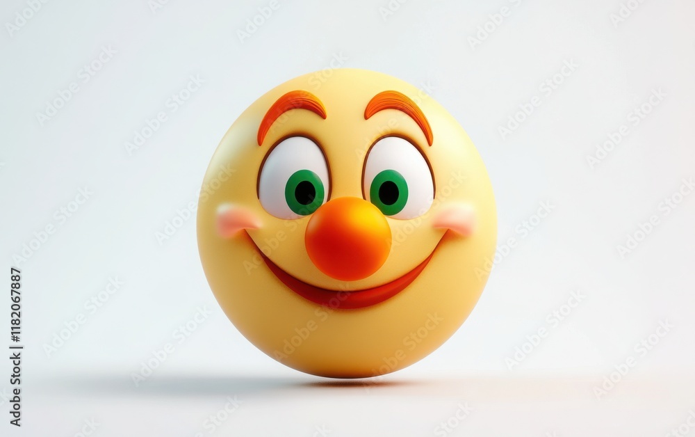3D Emoji-style clown face with a yellow nose, green eyes, and a wink, simple and playful design, flat shading, white isolated background 3D Emoji-style clown face with a yellow nose, green eyes, and a wink, simple and playful design, flat shading, white isolated background