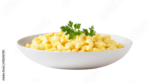 Photos Freshly Cooked Scrambled Eggs Garnished with Green Herbs in a Modern White Bowl