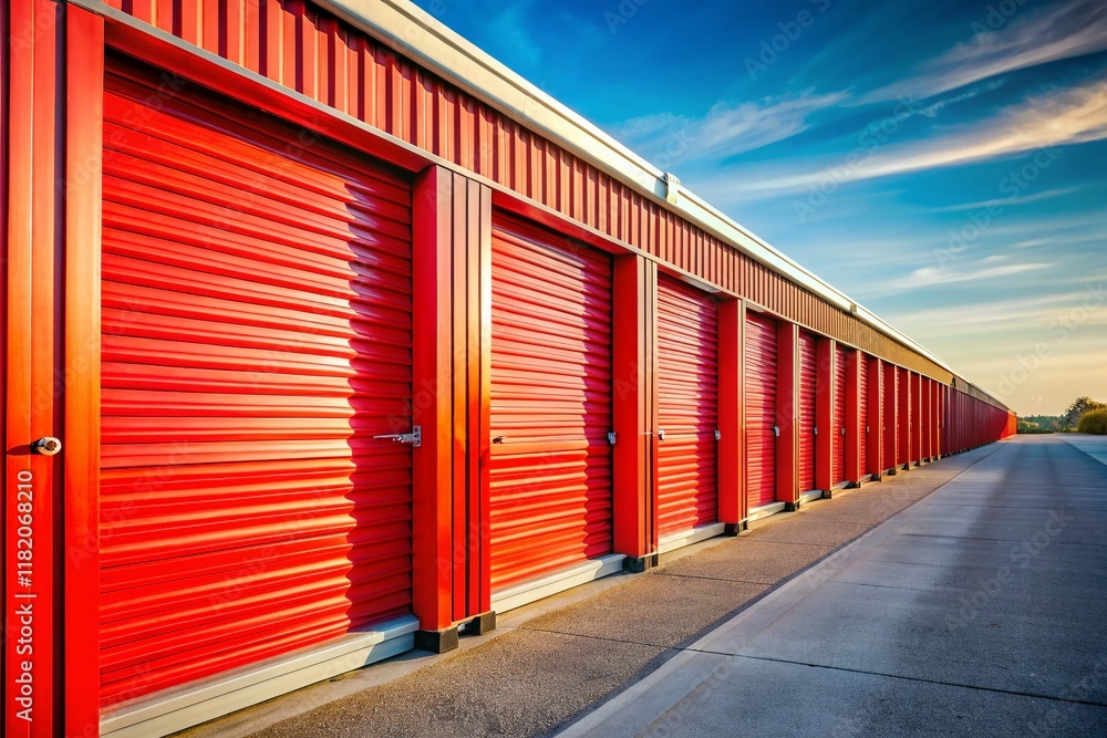 Obraz premium Secure Self Storage: Rows of Red Doors, Clean Facility, Safe Storage for Belongings