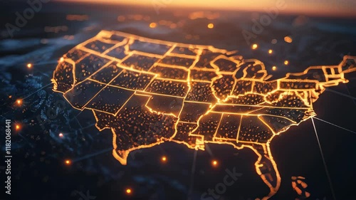 Brightly illuminated map of the United States showcasing connectivity and technology