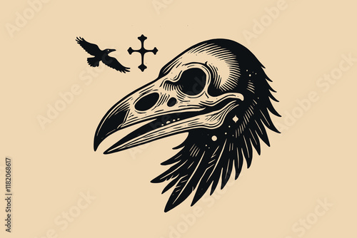 Crow skull. Mystical esoteric, gothic black vector illustration. print, tattoo, emblem, isolated object