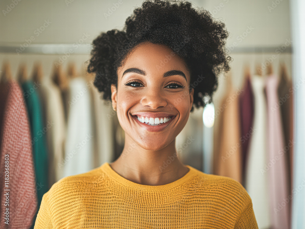 Fototapeta premium Joyful woman smiling in cozy space personal portrait indoor warm atmosphere close-up vibe