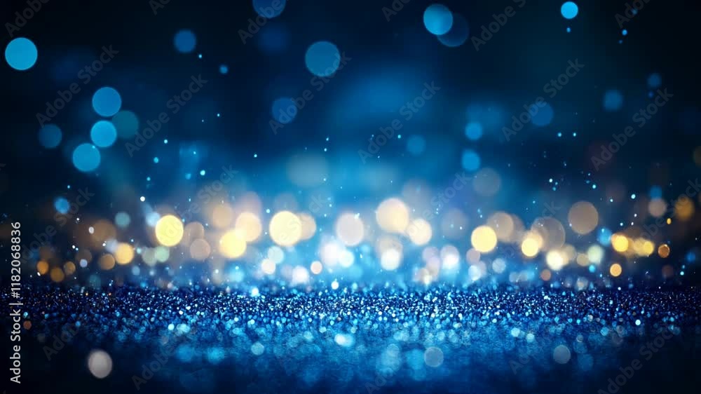 Partículas brillantes y luces bokeh en un fondo oscuro mágico, con tonos azules y dorados ideales para temas festivos, de fantasía o ensueño.