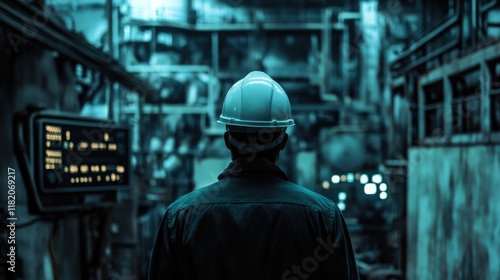 Industrial engineer in white safety helmet surveying machinery setup in dimly lit factory, focusing on security systems with blue tones.