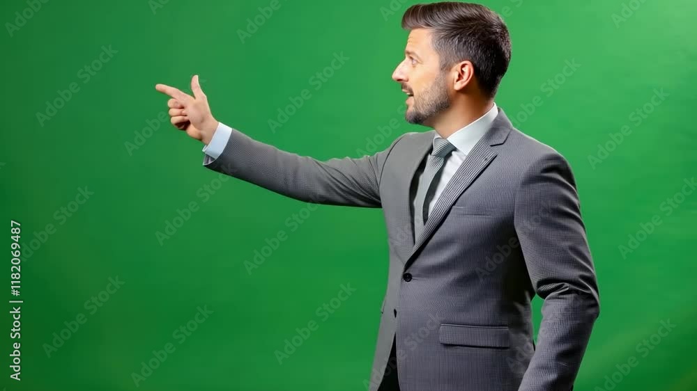 A man in a suit pointing to something on a green background A man in a suit pointing to something on a green background