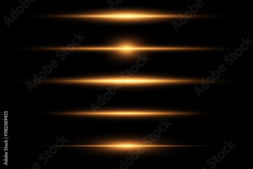 Laser golden rays, horizontal lines of light. Modern futuristic vector collection. Glowing stripes on dark background. Vector. EPS 10.