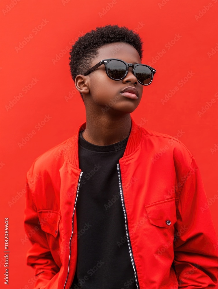 Stylish young African American teenage boy in a red bomber jacket and sunglasses against a vibrant red background, captured in a close-up portrait. Stylish young African American teenage boy in a red bomber jacket and sunglasses against a vibrant red background, captured in a close-up portrait.