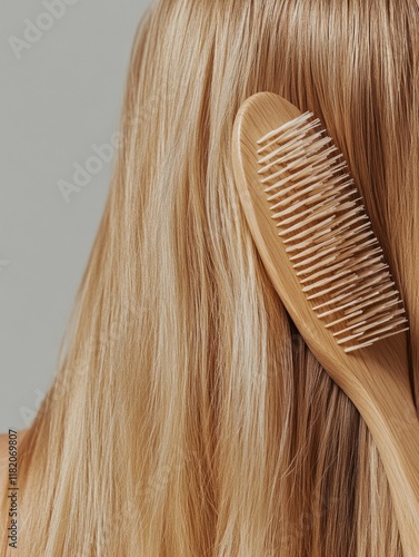Wallpaper Mural Blonde woman with long healthy hair grooming with a bamboo hairbrush, soft neutral background showcasing beauty and hair care concept. Torontodigital.ca