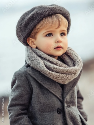 Adorable young boy approximately four years old dressed in a stylish gray coat, knit beret, and scarf, standing near the seashore on a sunny spring day, capturing emotional portraiture with a soft foc photo