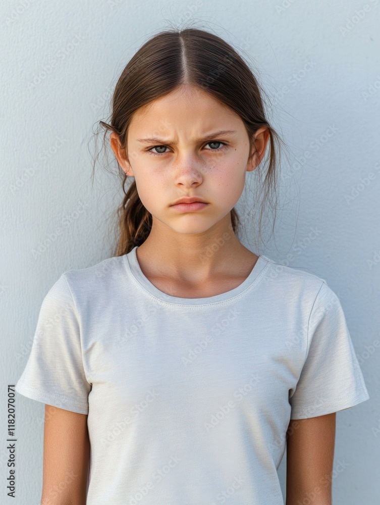 Serious 9 Year Old Girl in Light Grey T-Shirt Against Soft Blue Wall Emotion of Thoughtfulness and Determination with Large Empty Copy Space for Text Serious 9 Year Old Girl in Light Grey T-Shirt Against Soft Blue Wall Emotion of Thoughtfulness and Determination with Large Empty Copy Space for Text