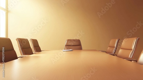 Professional meeting room with brown leather chairs around wooden conference table, bright sunlight streaming through large windows, modern minimalist design. photo