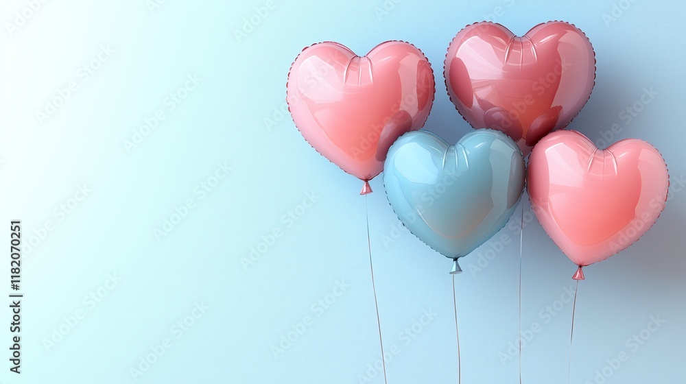 A bunch of balloons with hearts on them. The balloons are pink and blue. They are floating in the air A bunch of balloons with hearts on them. The balloons are pink and blue. They are floating in the air
