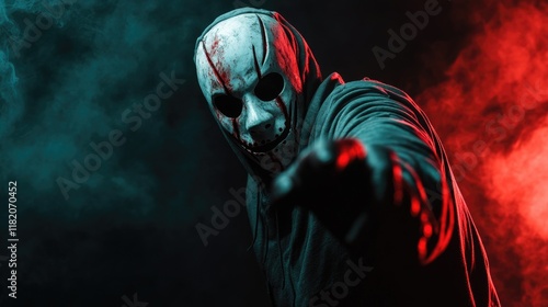 Brutal killer in a mask with a hood reaching forward in a dark studio setting with red and blue smoke background creating a Halloween horror theme photo