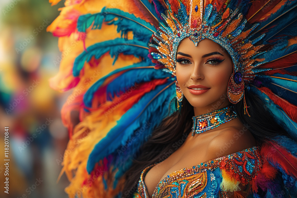 Fototapeta premium Portrait of pretty smiling woman in costume at Brazilian carnival party. Happy Brazilian woman parading at a carnival party. 