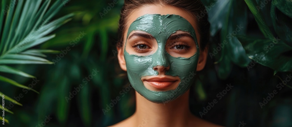 Therapeutic facial mask application on a woman with a soothing green mask in a lush spa environment showing calm facial expression and vibrant foliage. Therapeutic facial mask application on a woman with a soothing green mask in a lush spa environment showing calm facial expression and vibrant foliage.