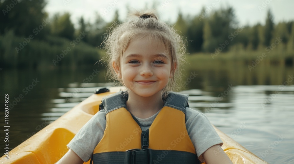 Smiling Caucasian girl in yellow life vest sitting in kayak on serene lake, surrounded by lush green trees, capturing joyful summer leisure moments. Smiling Caucasian girl in yellow life vest sitting in kayak on serene lake, surrounded by lush green trees, capturing joyful summer leisure moments.