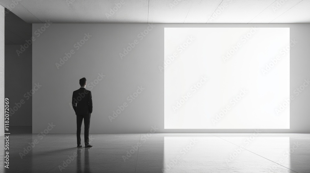 Contemplative businessman in a dark suit standing in a minimalist gallery space with soft white lighting reflecting off polished concrete floors. Contemplative businessman in a dark suit standing in a minimalist gallery space with soft white lighting reflecting off polished concrete floors.