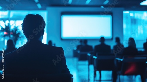 Wallpaper Mural Business Conference Scene with Attentive Audience in Sleek Meeting Room Silhouette Against Blue-Toned Presentation Screen and Modern Interior Decor Torontodigital.ca