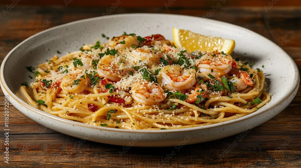 a plate of shrimp scampi pasta, featuring spaghetti tossed in a rich garlic and butter sauce, with succulent shrimp, fresh parsley, and a sprinkle of Parmesan cheese, served with a wedge of lemon a plate of shrimp scampi pasta, featuring spaghetti tossed in a rich garlic and butter sauce, with succulent shrimp, fresh parsley, and a sprinkle of Parmesan cheese, served with a wedge of lemon