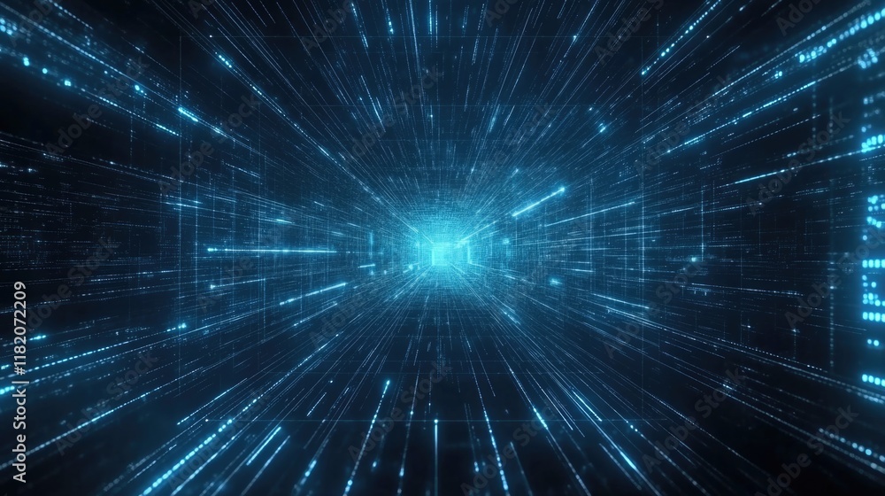 Fototapeta premium Futuristic blue digital communication network with dynamic light trails and data flow, depicting a graphical user interface in an abstract space.
