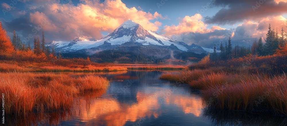 Serene autumn landscape with a snow-capped mountain reflected in a still lake at sunset. Serene autumn landscape with a snow-capped mountain reflected in a still lake at sunset.