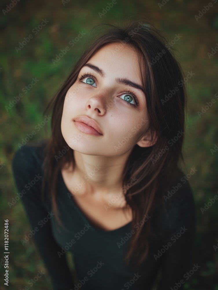 Mysterious brunette female portrait with straight hair and an enigmatic smile, gazing upward in a natural outdoor setting, confident expression, beauty, charm, lifestyle, enchanting gaze. Mysterious brunette female portrait with straight hair and an enigmatic smile, gazing upward in a natural outdoor setting, confident expression, beauty, charm, lifestyle, enchanting gaze.
