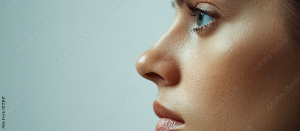 Profile of a girl with smooth, clear skin against a soft gray background, highlighting her features and gaze, beauty, skincare, health, portrait, aesthetics. Profile of a girl with smooth, clear skin against a soft gray background, highlighting her features and gaze, beauty, skincare, health, portrait, aesthetics.