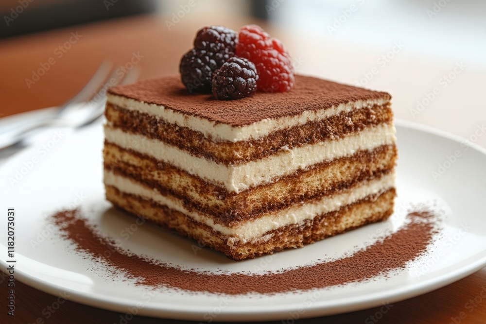 Classic Tiramisu Dessert with Coffee and Cocoa Flavors, Layered with Mascarpone Cream and Ladyfingers, Garnished with Fresh Berries Classic Tiramisu Dessert with Coffee and Cocoa Flavors, Layered with Mascarpone Cream and Ladyfingers, Garnished with Fresh Berries