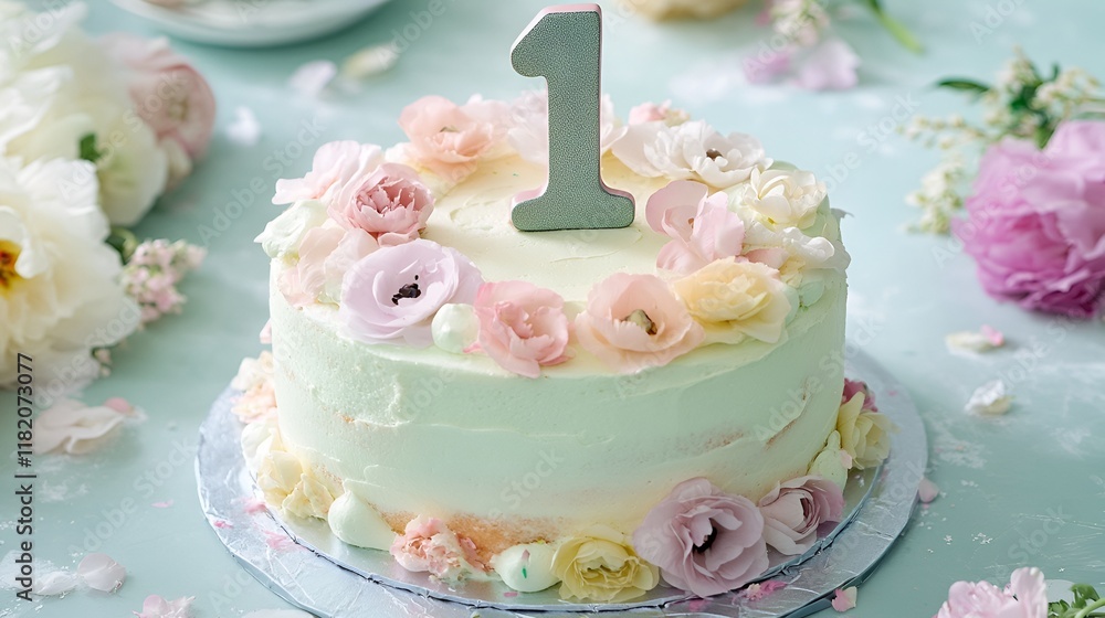 A pastel-colored birthday cake with the number 1 topper surrounded by soft floral decor A pastel-colored birthday cake with the number 1 topper surrounded by soft floral decor
